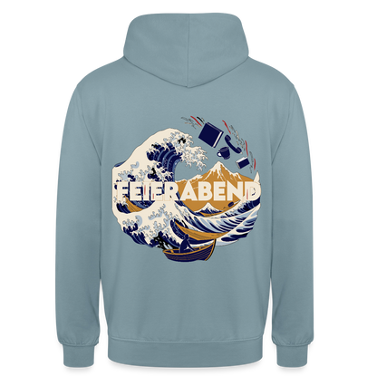 "Feierabend. Ukiyo-e-Motiv" Motiv-Hoodie unisex, Farbe Nebelblau