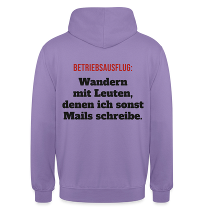 "Betriebsausflug: Wandern mit Leuten, denen ich sonst Mails schreibe." Motiv-Hoodie unisex, Farbe Lavendel