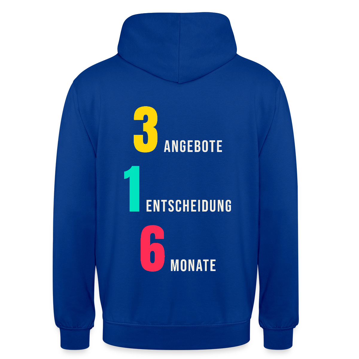 "3 Angebote. 1 Entscheidung. 6 Monate." Motiv-Hoodie unisex, Farbe Royalblau