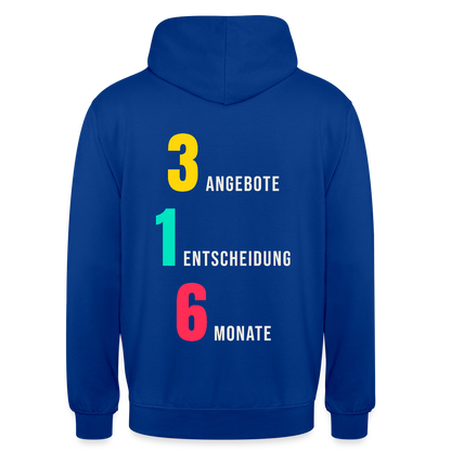"3 Angebote. 1 Entscheidung. 6 Monate." Motiv-Hoodie unisex, Farbe Royalblau