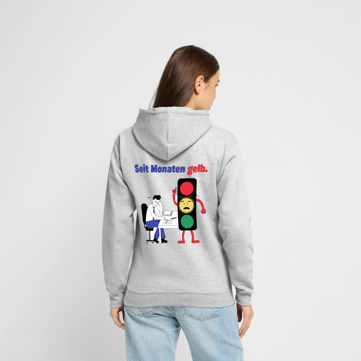 "Seit Monaten gelb. Ampel-Motiv" Motiv-Hoodie unisex, Farbe Hellgrau meliert