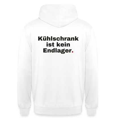 "Kühlschrank ist kein Endlager." Motiv-Hoodie unisex, Farbe Weiß