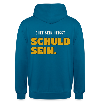 Chef sein heißt schuld sein. Motiv-Hoodie unisex, Farbe Tiefseeblau