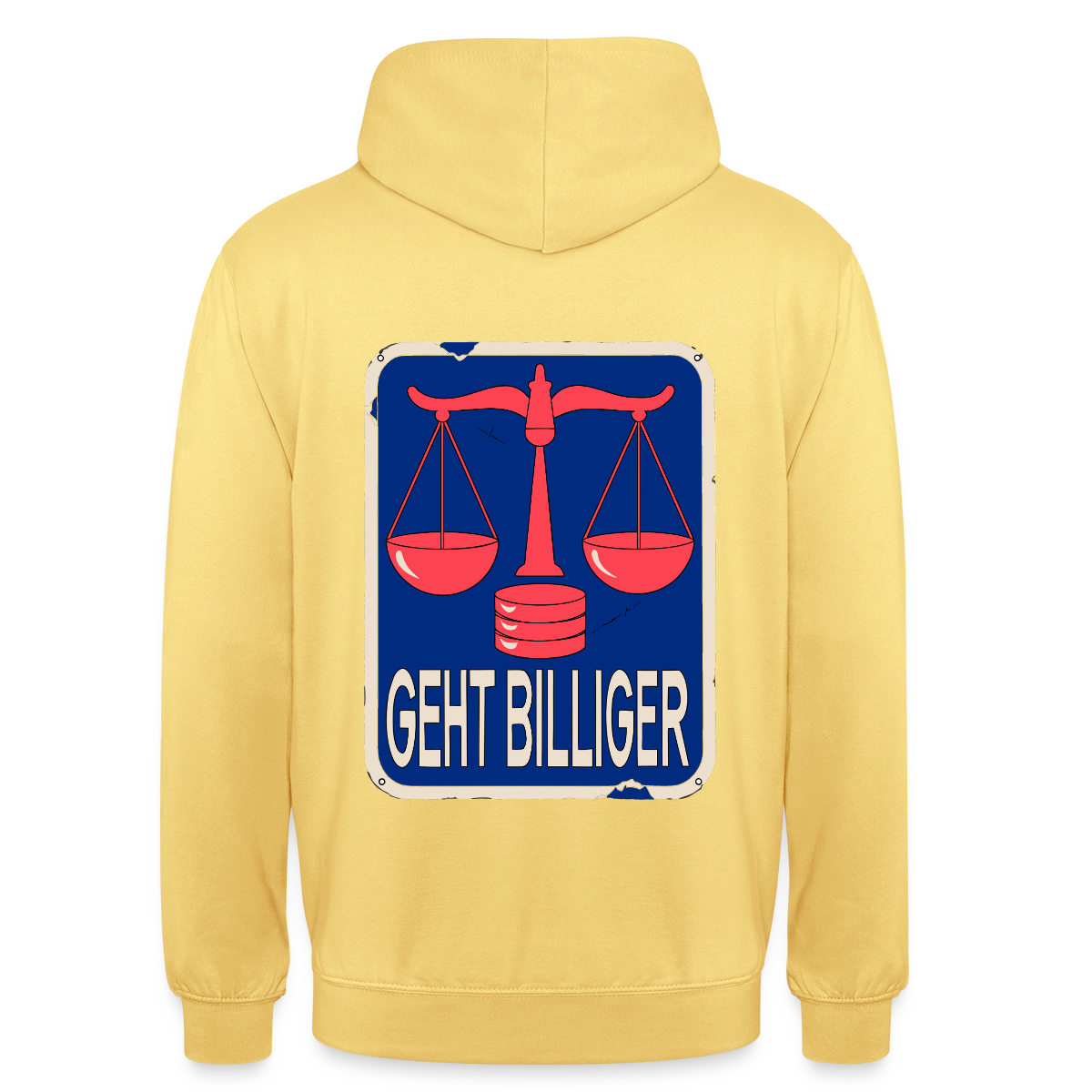 "Geht billiger. Emailschild-Motiv" Motiv-Hoodie unisex, Farbe Zitronengelb