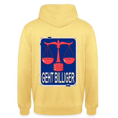 "Geht billiger. Emailschild-Motiv" Motiv-Hoodie unisex, Farbe Zitronengelb