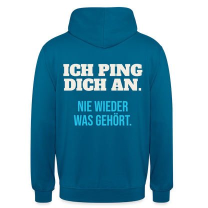 "Ich ping dich an. Nie wieder was gehört." Motiv-Hoodie unisex, Farbe Tiefseeblau