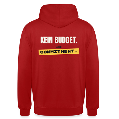 "Kein Budget. Aber Commitment." Motiv-Hoodie unisex, Farbe Rot
