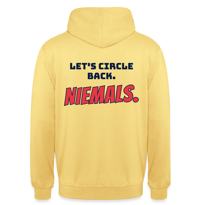 "Let's circle back. Niemals." Motiv-Hoodie unisex, Farbe Zitronengelb