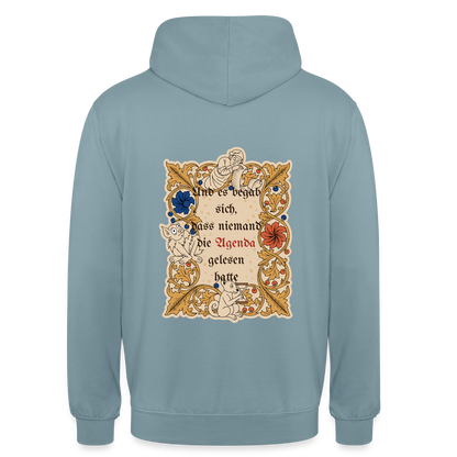 "Und es begab sich, dass niemand die Agenda gelesen hatte. Buchmalerei-Motiv" Motiv-Hoodie unisex, Farbe Nebelblau