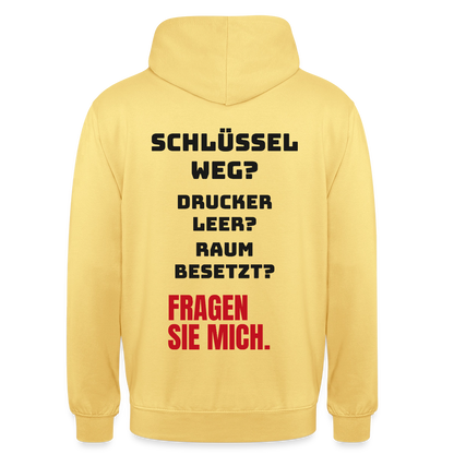 Schlüssel weg? Drucker leer? Raum besetzt? Fragen Sie mich. Motiv-Hoodie unisex, Farbe Zitronengelb