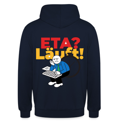 "ETA? Läuft! Strichfiguren-Motiv" Motiv-Hoodie unisex, Farbe Navy