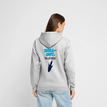 Roll-out. Rolled back. Motiv-Hoodie unisex, Farbe Hellgrau meliert, Model