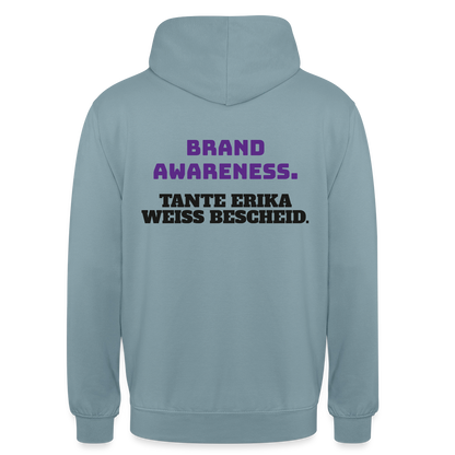 Brand Awareness. Tante Erika weiß Bescheid. Motiv-Hoodie unisex, Farbe Nebelblau