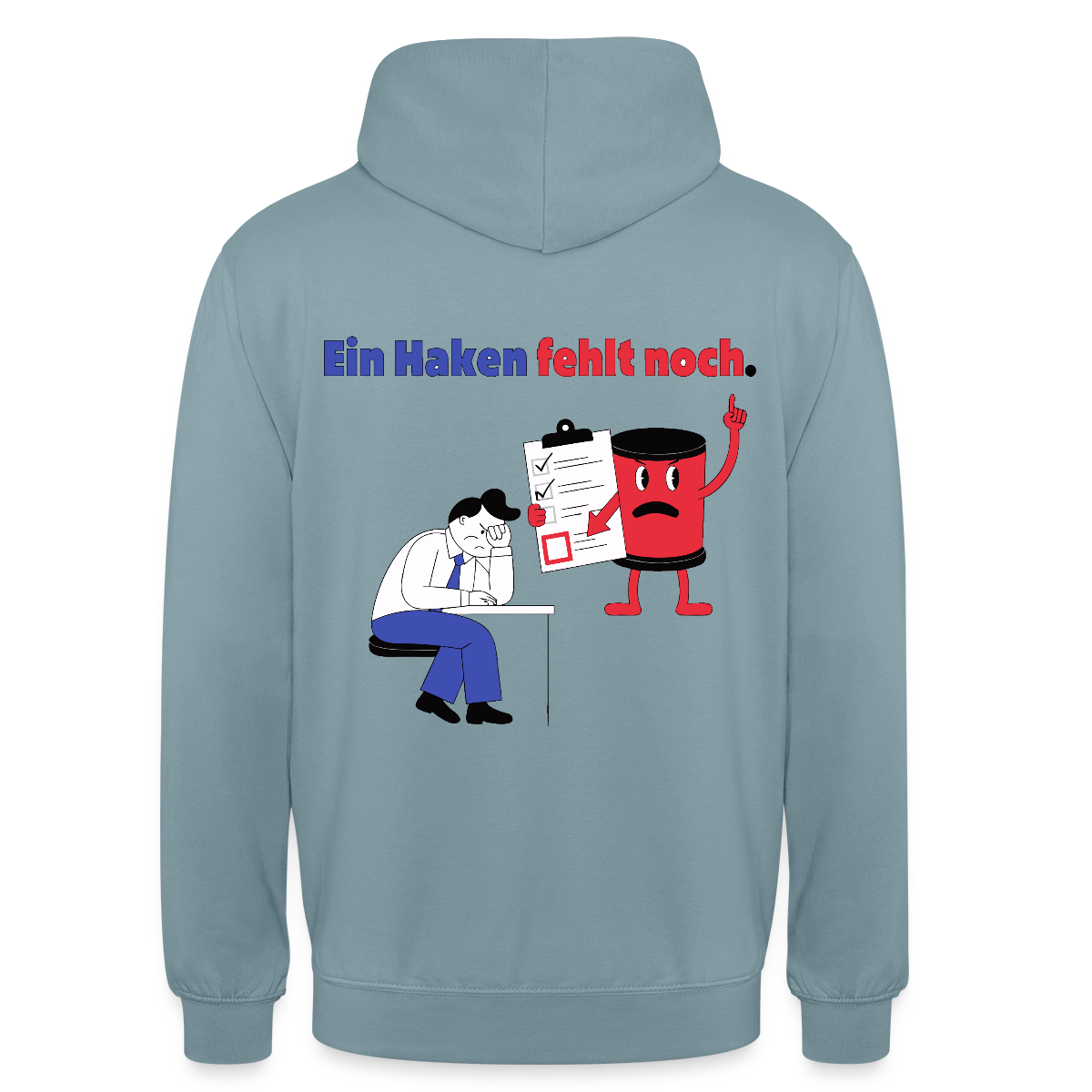 "Ein Haken fehlt noch. Comic-Motiv" Motiv-Hoodie unisex, Farbe Nebelblau