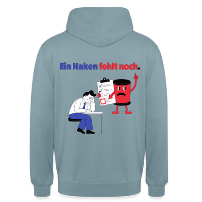 "Ein Haken fehlt noch. Comic-Motiv" Motiv-Hoodie unisex, Farbe Nebelblau