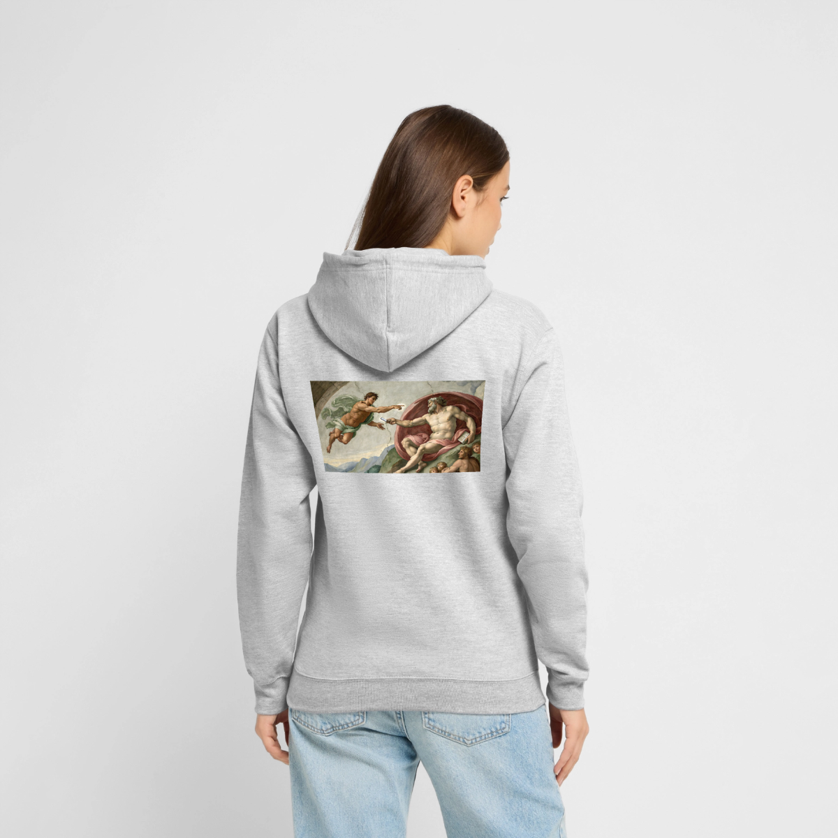 Die Schnittstelle. Renaissance-Motiv Motiv-Hoodie unisex, Farbe Hellgrau meliert, Model