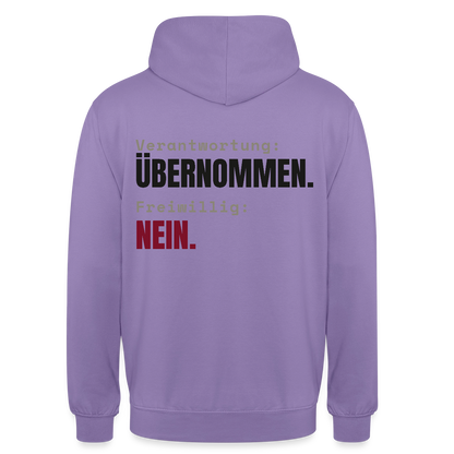 Verantwortung: übernommen. Freiwillig: nein. Motiv-Hoodie unisex, Farbe Lavendel