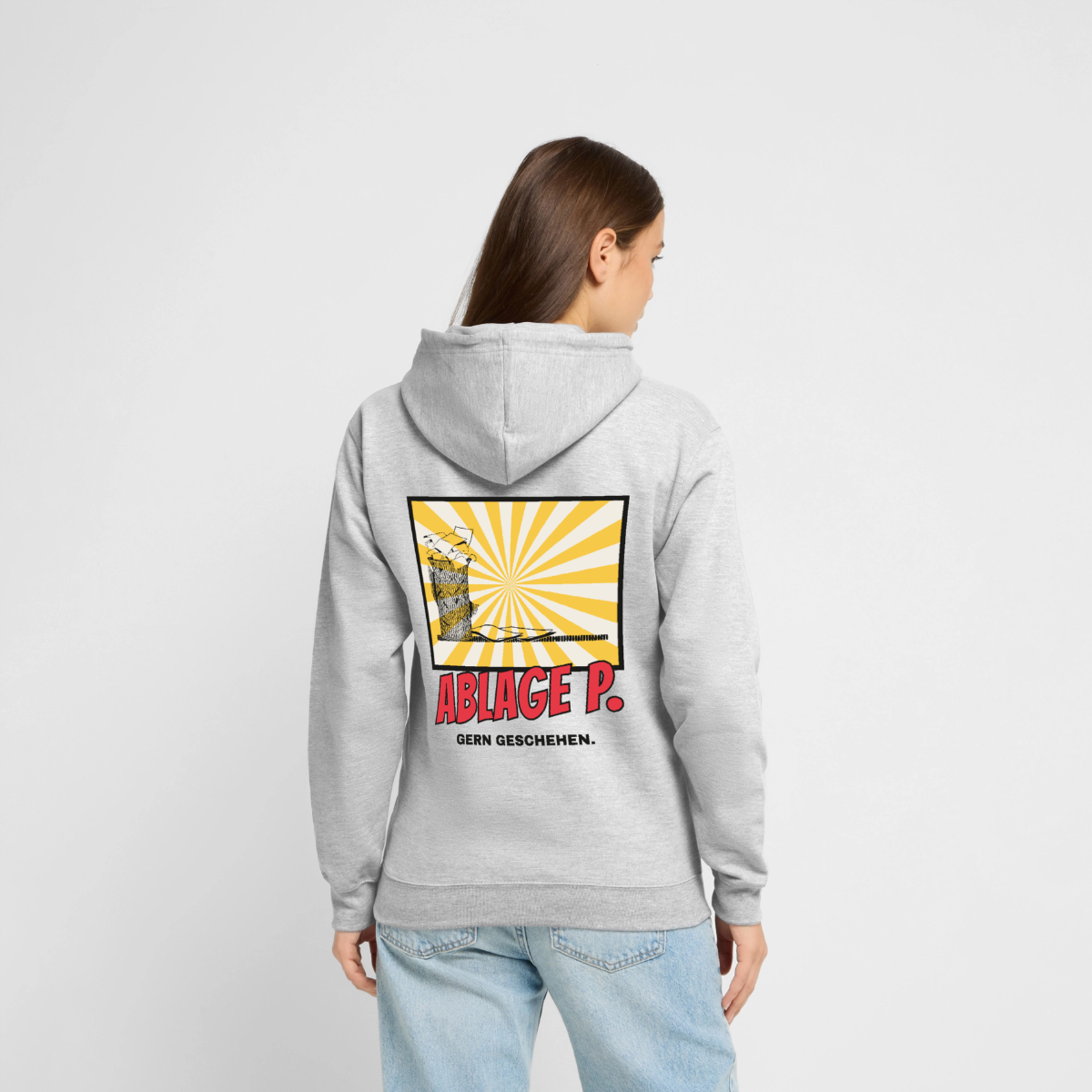 "Ablage P. Gern geschehen. Comic-Motiv" Motiv-Hoodie unisex, Farbe Hellgrau meliert, Model