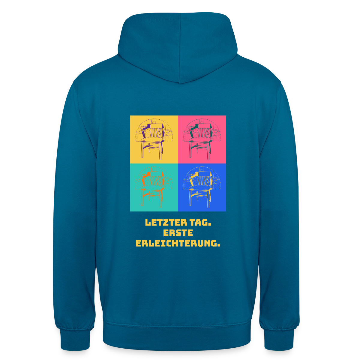 "Letzter Tag. Erste Erleichterung. Popart-Motiv" Motiv-Hoodie unisex, Farbe Tiefseeblau