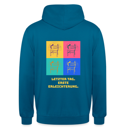 "Letzter Tag. Erste Erleichterung. Popart-Motiv" Motiv-Hoodie unisex, Farbe Tiefseeblau
