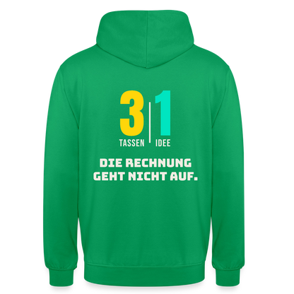 "3 Tassen, 1 Idee. Die Rechnung geht nicht auf." Motiv-Hoodie unisex, Farbe Kelly Green