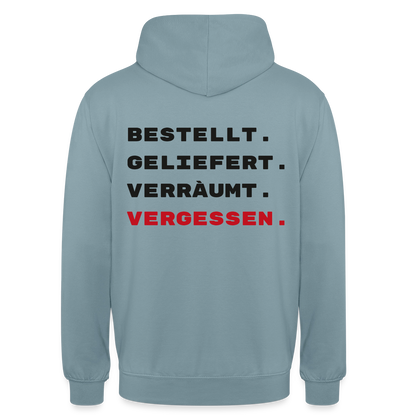 Bestellt. Geliefert. Verräumt. Vergessen. Motiv-Hoodie unisex, Farbe Nebelblau