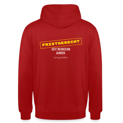 "Fristgerecht seit neunzehn Jahren. Gern geschehen." Motiv-Hoodie unisex, Farbe Rot
