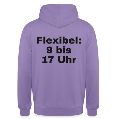 "Flexibel: 9 bis 17 Uhr" Motiv-Hoodie unisex, Farbe Lavendel