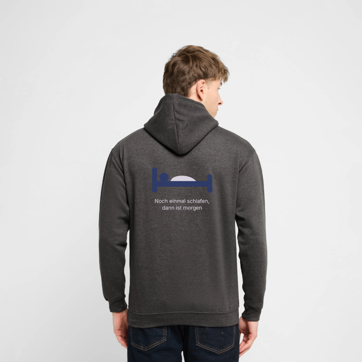 Noch einmal schlafen, dann ist morgen. Motiv-Hoodie unisex, Farbe Anthrazit, Model