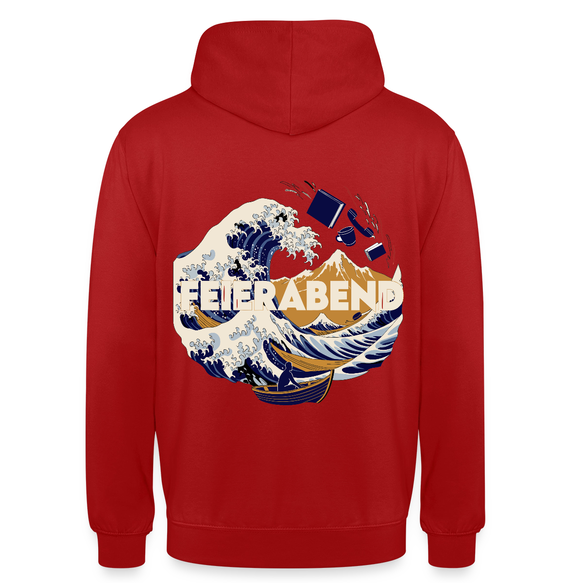 "Feierabend. Ukiyo-e-Motiv" Motiv-Hoodie unisex, Farbe Rot