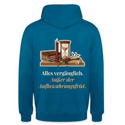 "Alles vergänglich. Außer der Aufbewahrungsfrist." Motiv-Hoodie unisex, Farbe Tiefseeblau