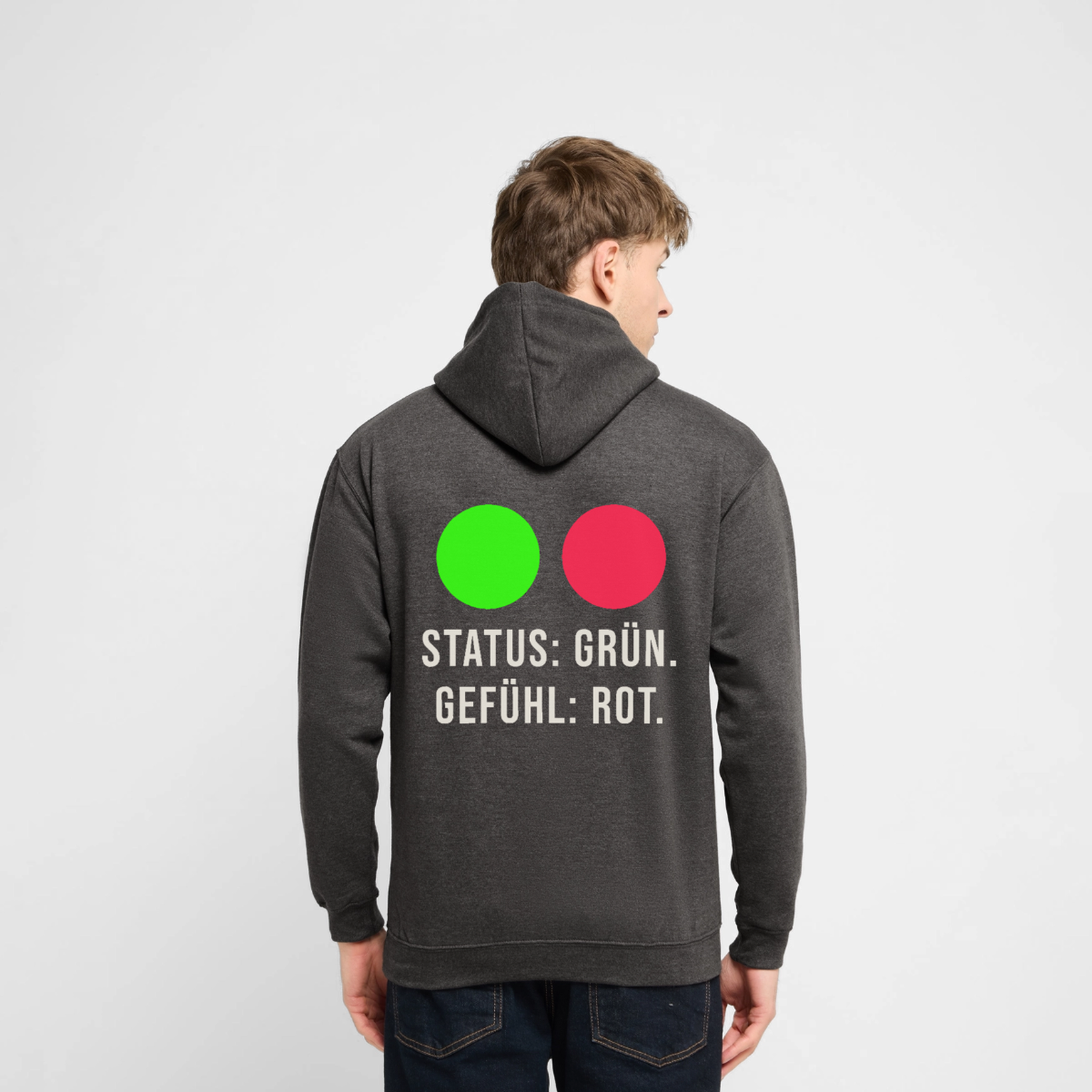 "Status: grün. Gefühl: rot." Motiv-Hoodie unisex, Farbe Anthrazit, Model