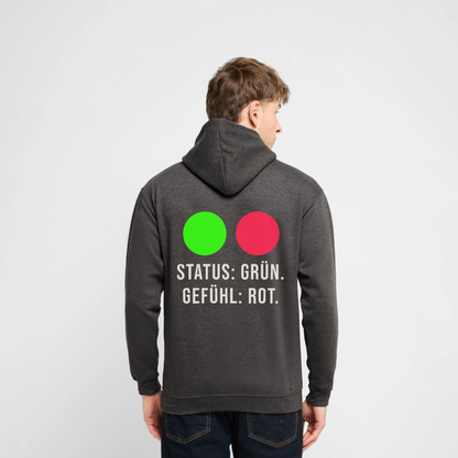 "Status: grün. Gefühl: rot." Motiv-Hoodie unisex, Farbe Anthrazit, Model