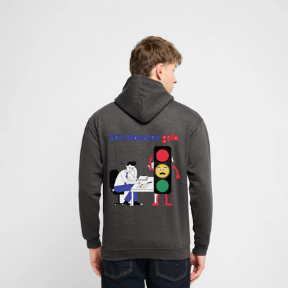 "Seit Monaten gelb. Ampel-Motiv" Motiv-Hoodie unisex, Farbe Anthrazit, Model
