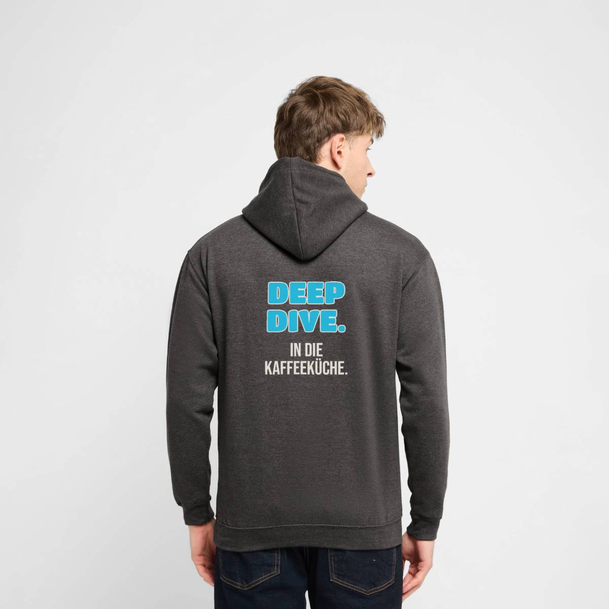 Deep Dive. In die Kaffeeküche. Motiv-Hoodie unisex, Farbe Anthrazit, Model