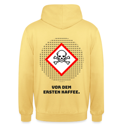 "Vor dem ersten Kaffee. Gefahrzeichen-Motiv" Motiv-Hoodie unisex, Farbe Zitronengelb