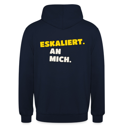 "Eskaliert. An mich." Motiv-Hoodie unisex, Farbe Navy