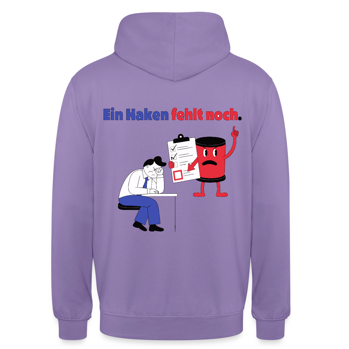 "Ein Haken fehlt noch. Comic-Motiv" Motiv-Hoodie unisex, Farbe Lavendel