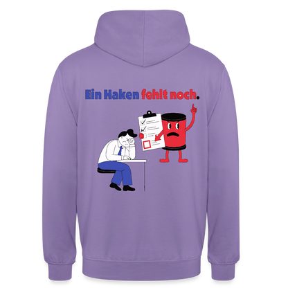 "Ein Haken fehlt noch. Comic-Motiv" Motiv-Hoodie unisex, Farbe Lavendel