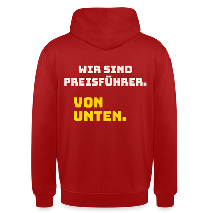 "Wir sind Preisführer. Von unten." Motiv-Hoodie unisex, Farbe Rot