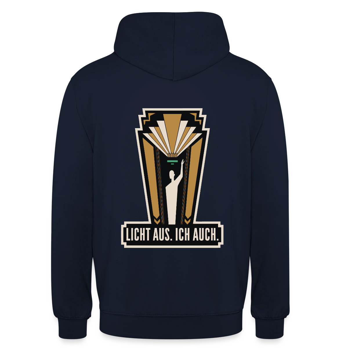 "Licht aus. Ich auch. Art-déco-Motiv" Motiv-Hoodie unisex, Farbe Navy