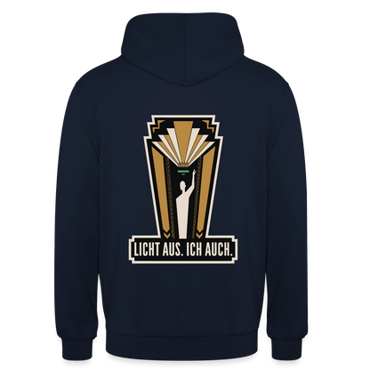 "Licht aus. Ich auch. Art-déco-Motiv" Motiv-Hoodie unisex, Farbe Navy