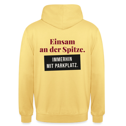 Einsam an der Spitze. Immerhin mit Parkplatz. Motiv-Hoodie unisex, Farbe Zitronengelb