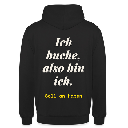 "Ich buche, also bin ich." Motiv-Hoodie unisex, Farbe Schwarz