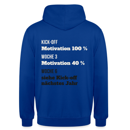 "Kick-off: Motivation 100 %. Woche 3: 40 %. Woche 6: siehe Kick-off nächstes Jahr" Motiv-Hoodie unisex, Farbe Royalblau