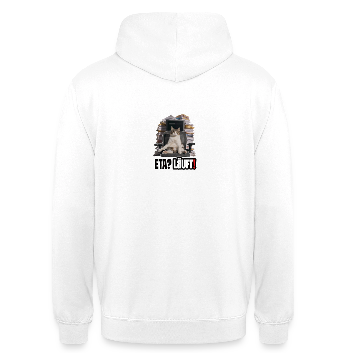 "ETA? Läuft! Bürokatzen-Motiv" Motiv-Hoodie unisex, Farbe Weiß