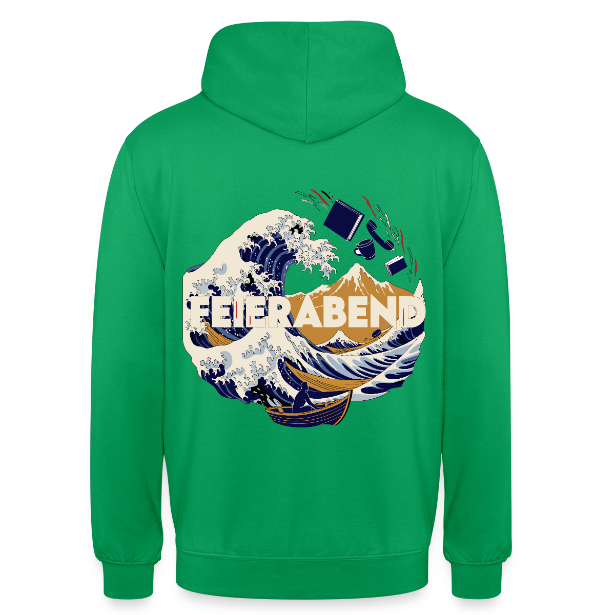 "Feierabend. Ukiyo-e-Motiv" Motiv-Hoodie unisex, Farbe Kelly Green