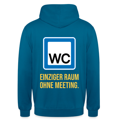 "WC: einziger Raum ohne Meeting. Schild-Motiv" Motiv-Hoodie unisex, Farbe Tiefseeblau