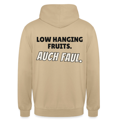 "Low hanging fruits. Auch faul." Motiv-Hoodie unisex, Farbe Beige