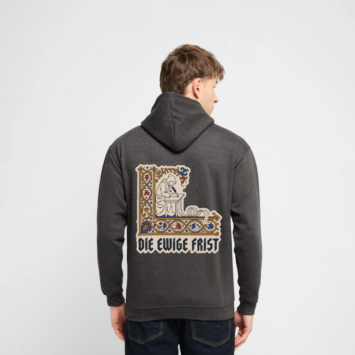 Die ewige Frist. Buchmalerei-Motiv Motiv-Hoodie unisex, Farbe Anthrazit, Model
